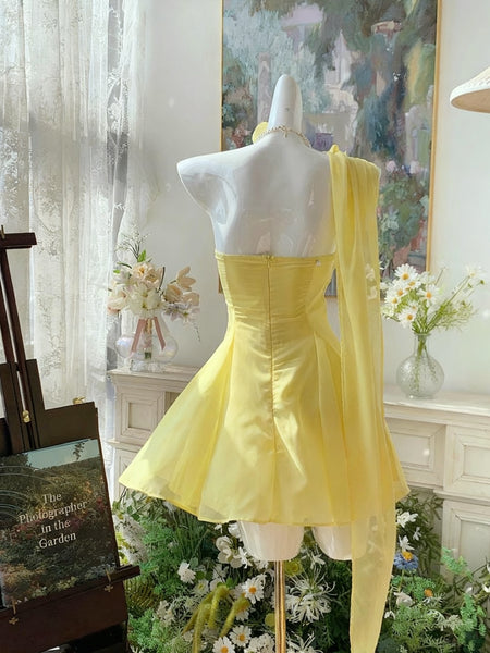 One Shoulder Short Yellow Prom Dresses, Yellow One Shoulder Short Formal Homecoming Dresses