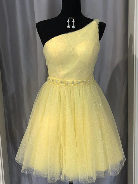 One Shoulder Yellow Blue Tulle Prom Dresses, One Shoulder Short Formal Homecoming Dresses