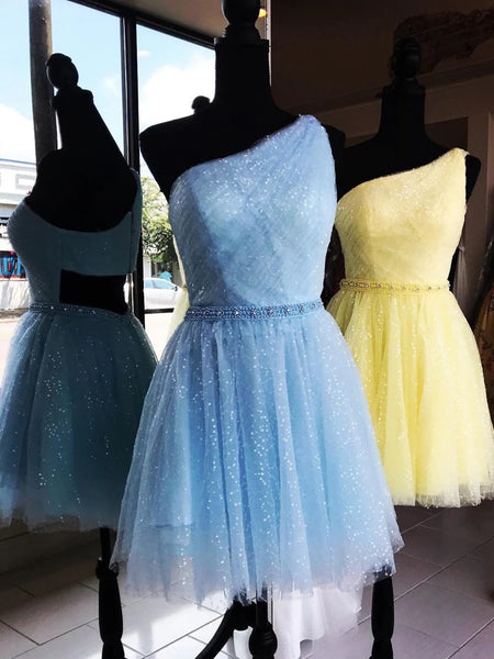 One Shoulder Yellow Blue Tulle Prom Dresses, One Shoulder Short Formal Homecoming Dresses