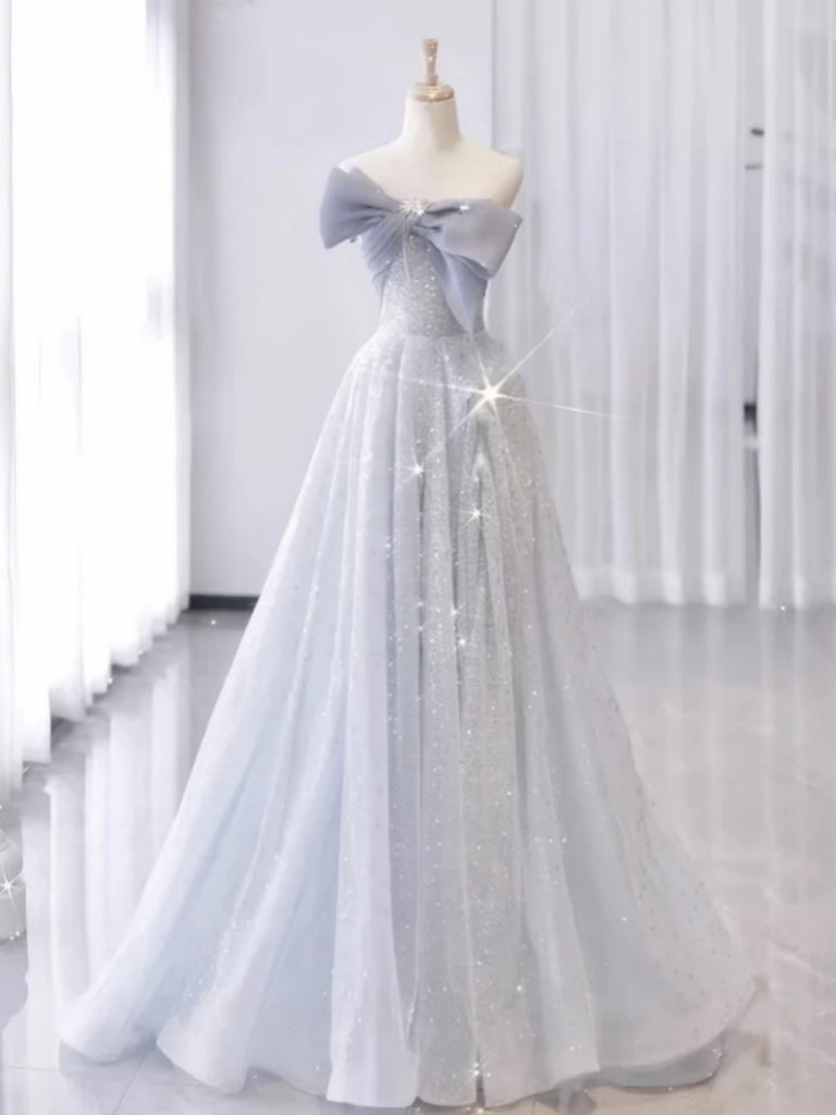 One Shouler Silver Gray Tulle Long Prom Dresses, One Shoulder Light Gray Long Formal Evening Dresses
