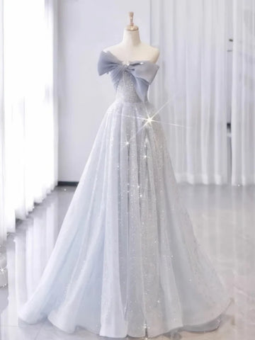One Shouler Silver Gray Tulle Long Prom Dresses, One Shoulder Light Gray Long Formal Evening Dresses