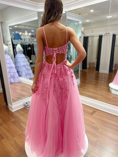 Open Back A Line V Neck Hot Pink Lace Long Prom Dresses with High Slit, Hot Pink Lace Formal Graduation Evening Dresses