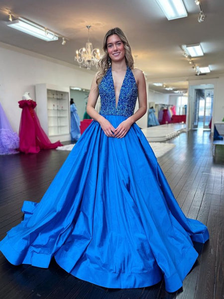 Open Back Halter V Neck Blue Long Prom Dresses, A Line V Neck Blue Formal Graduation Evening Dresses