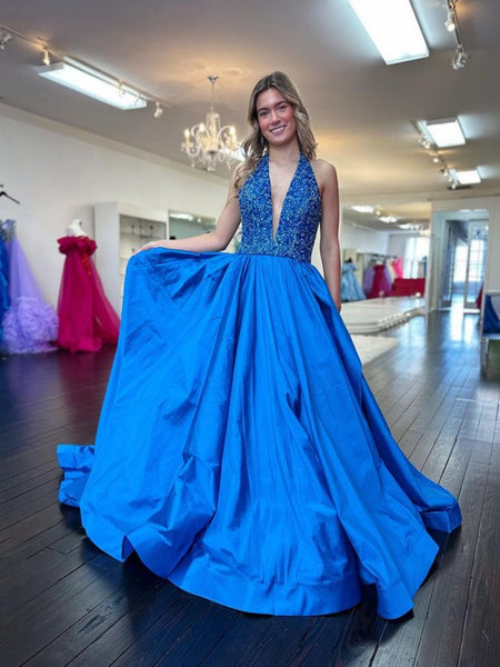 Open Back Halter V Neck Blue Long Prom Dresses, A Line V Neck Blue Formal Graduation Evening Dresses