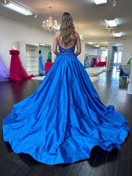 Open Back Halter V Neck Blue Long Prom Dresses, A Line V Neck Blue Formal Graduation Evening Dresses