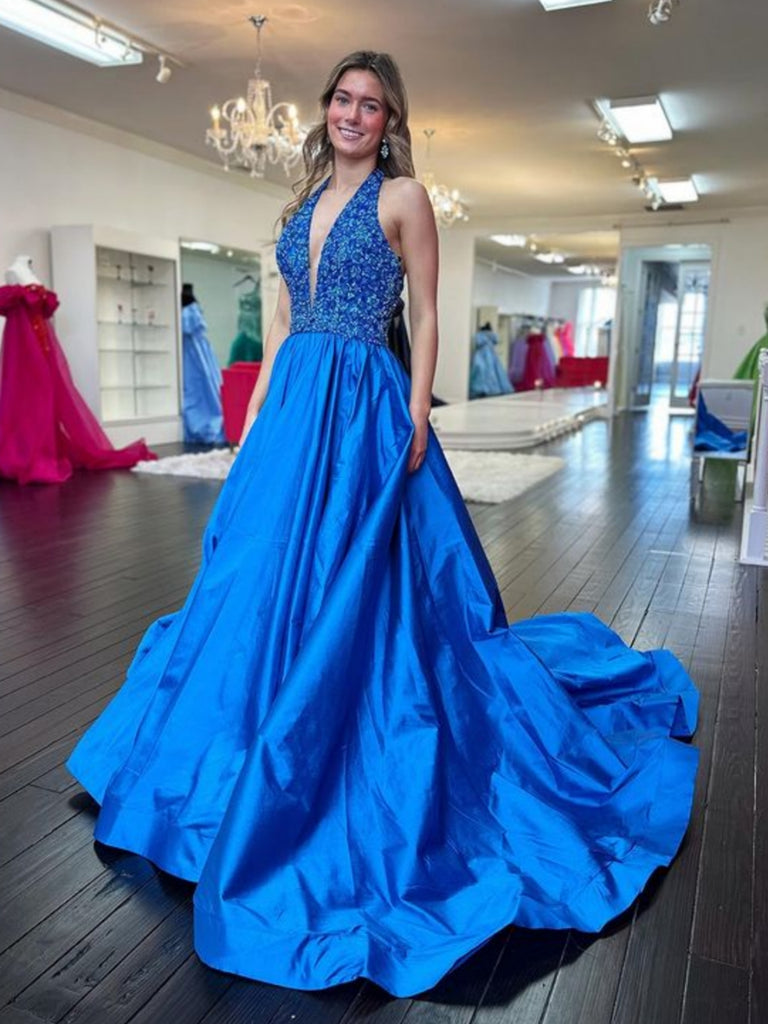 Open Back Halter V Neck Blue Long Prom Dresses, A Line V Neck Blue For jbydress Open Back Halter V Neck Blue Long Prom Dresses, A Line V Neck Blue For jbydress