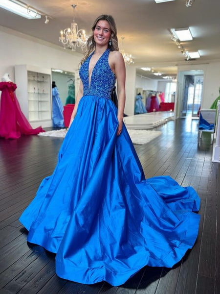 Open Back Halter V Neck Blue Long Prom Dresses, A Line V Neck Blue Formal Graduation Evening Dresses