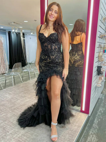 Open Back High Low Mermaid Ruffle Black Lace Long Prom Dresses with Train, High Low Black Formal Dresses, Black Lace Evening Dresses