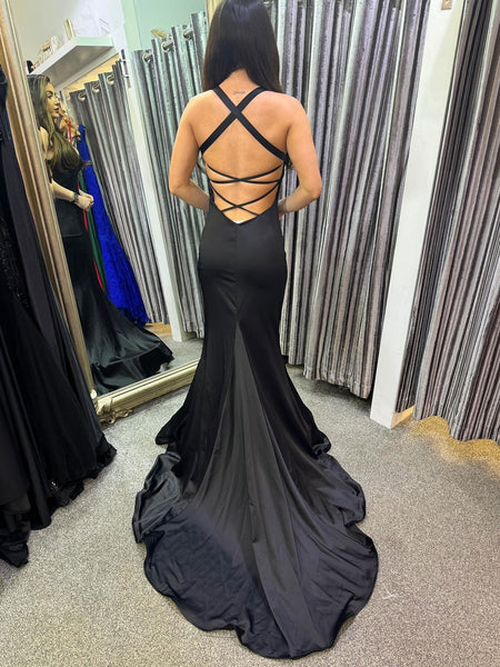 Open Back Mermaid Black Satin Long Prom Dresses with Train, Mermaid Black Formal Dresses, Black Evening Dresses