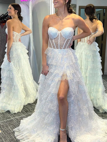 Open Back Strapless White Sequins Tulle Ruffle Long Prom Dresses with High Slit, Strapless White Formal Evening Dresses