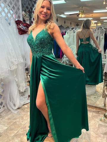 Open Back V Neck Green Lace Long Prom Dresses with High Slit, Green Lace Formal Dresses, Green Evening Dresses