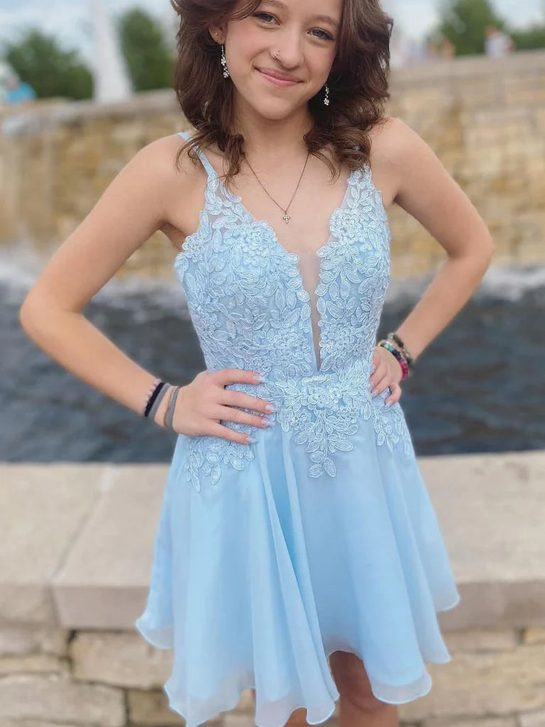 Open Back V Neck Light Blue Lace Prom Dresses, Light Blue Lace Homecom jbydress Open Back V Neck Light Blue Lace Prom Dresses, Light Blue Lace Homecom jbydress