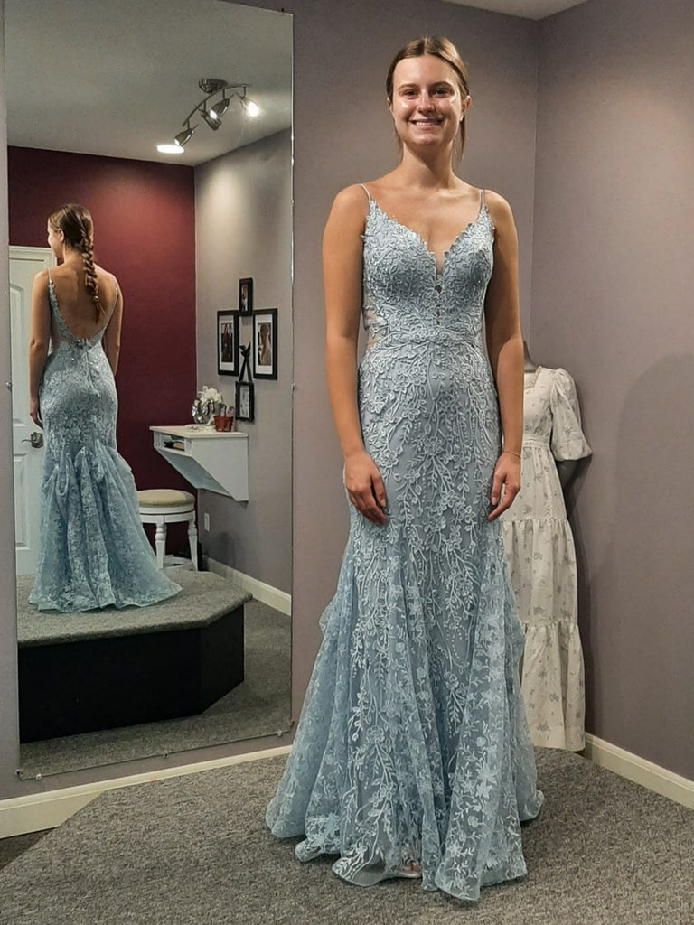 Open Back V Neck Mermaid Blue Lace Long Prom Dresses, Mermaid Blue Formal Dresses, Blue Lace Evening Dresses