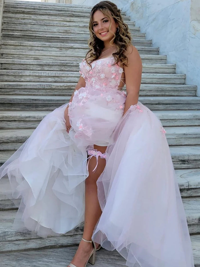 Pink Lace Floral Backless Prom Dresses, Open Back Pink Lace Floral Lon