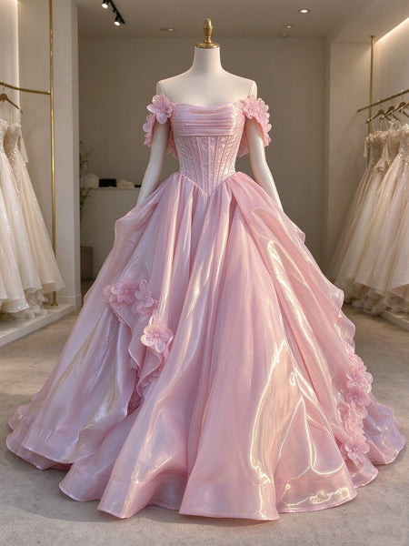 Pink Off the Shoulder Organza Prom Dresses, Pink 3D Floral Formal Evening Gowns