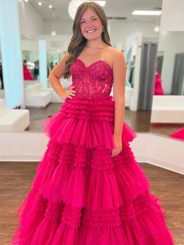 formal dresses pink and black Pink Red Blue Purple Black Lace Prom Dresses, Layered Long Lace Formal – jbydress