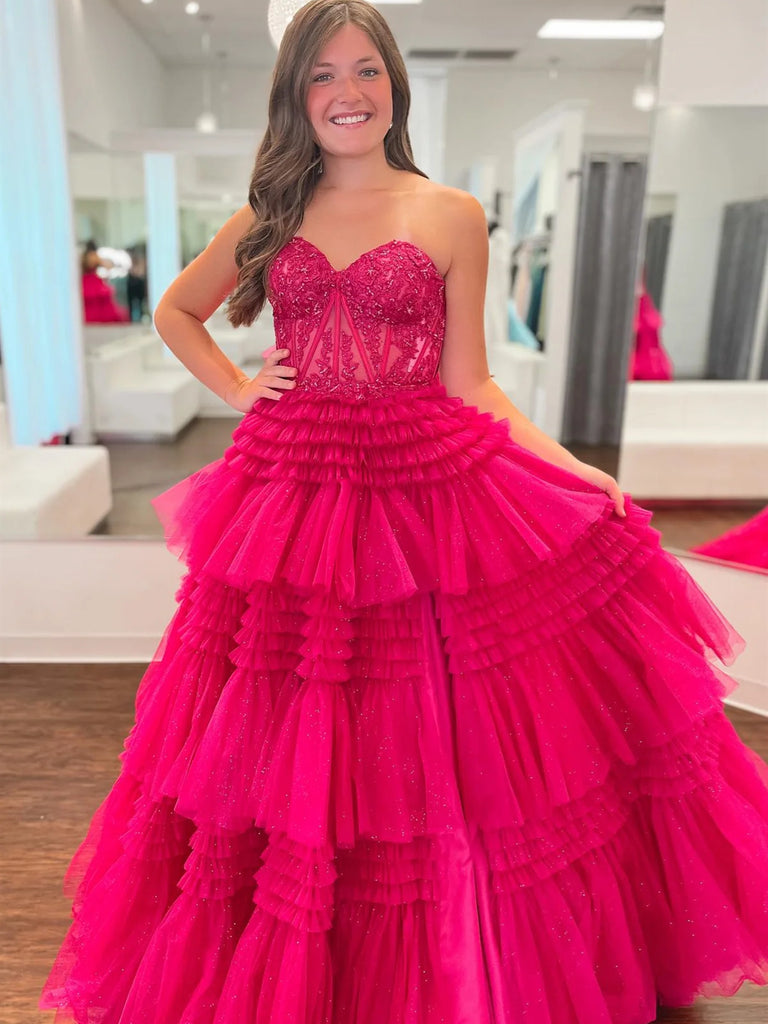 Pink Red Blue Purple Black Lace Prom Dresses, Layered Long Lace Formal jbydress Pink Red Blue Purple Black Lace Prom Dresses, Layered Long Lace Formal jbydress
