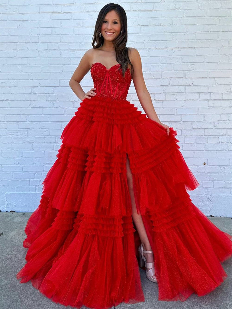 Pink Red Blue Purple Black Lace Prom Dresses, Layered Long Lace Formal – jbydress