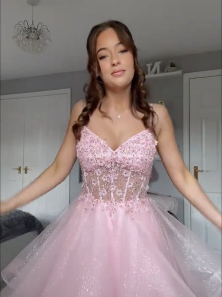 Pink V Neck Beaded Long Prom Dresses, Pink V Neck Long Formal Graduation Dresses