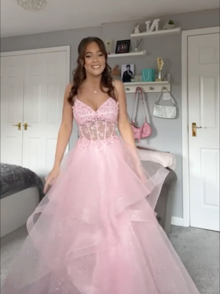Pink V Neck Beaded Long Prom Dresses, Pink V Neck Long Formal Graduation Dresses