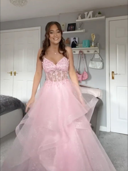 Pink V Neck Beaded Long Prom Dresses, Pink V Neck Long Formal Graduation Dresses