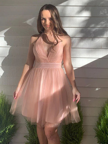 Pink V Neck Short Tulle Prom Dreses, Short Pink V Neck Formal Homecoming Dresses