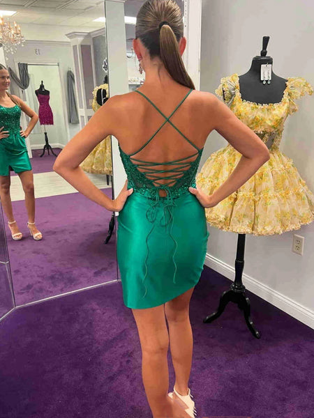 Pretty Open Back Green Lace Sequins Short Prom Dresses, Green Lace Homecoming Dresses, Short Green Formal Graduation Evening Dresses