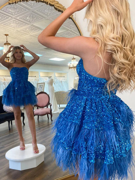 Princess Strapless Blue Sequins Short Prom Dresses with Feather, Blue Sequins Homecoming Dresses, Cute Formal Evening Dresses