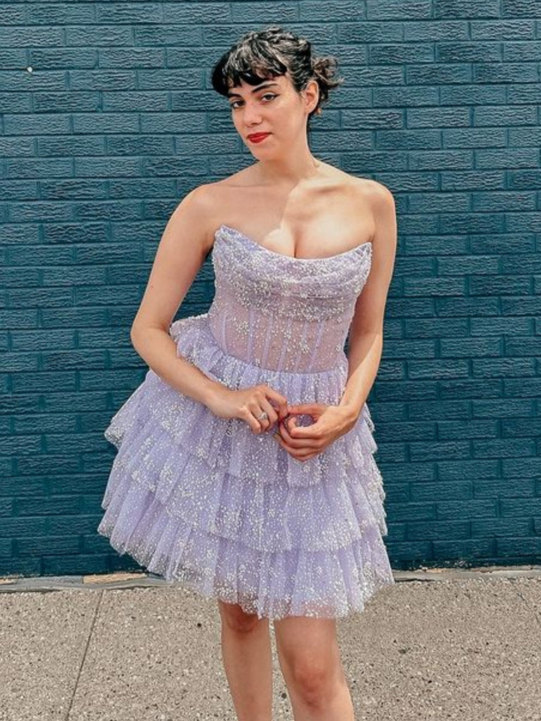Princess Strapless Layered Lilac Lace Prom Dresses, Short Lilac Homeco jbydress Princess Strapless Layered Lilac Lace Prom Dresses, Short Lilac Homeco jbydress