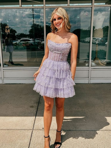 Princess Strapless Layered Lilac Lace Prom Dresses, Short Lilac Homecoming Dresses