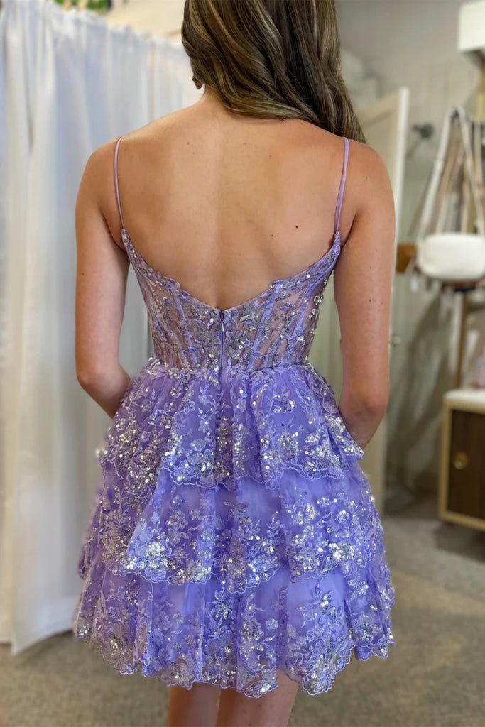 lilac dress short Princess V Neck Layered Lilac/Black Lace Prom Dresses, Short Lilac/Bla – jbydress
