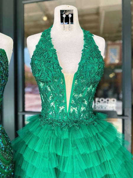 Princess V Neck Ruffle Green Lace Short Prom Dresses, Green Lace Homecoming Dresses, Halter Neck Green Formal Evening Dresses