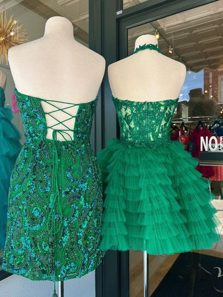 Princess V Neck Ruffle Green Lace Short Prom Dresses, Green Lace Homecoming Dresses, Halter Neck Green Formal Evening Dresses