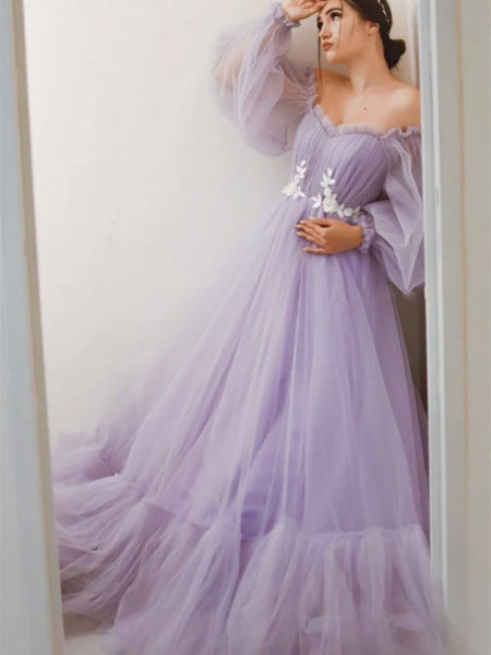 Purple Floral Long Sleeves Tulle Prom Dresses, Purple Long Sleeves Tulle Formal Evening Dresses