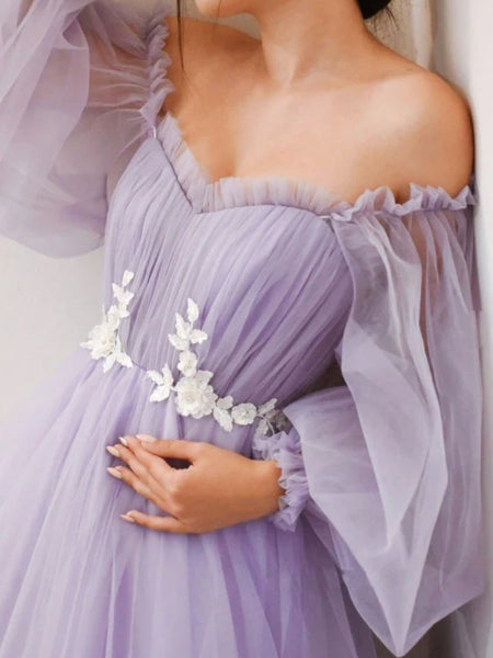 Purple Floral Long Sleeves Tulle Prom Dresses, Purple Long Sleeves Tulle Formal Evening Dresses