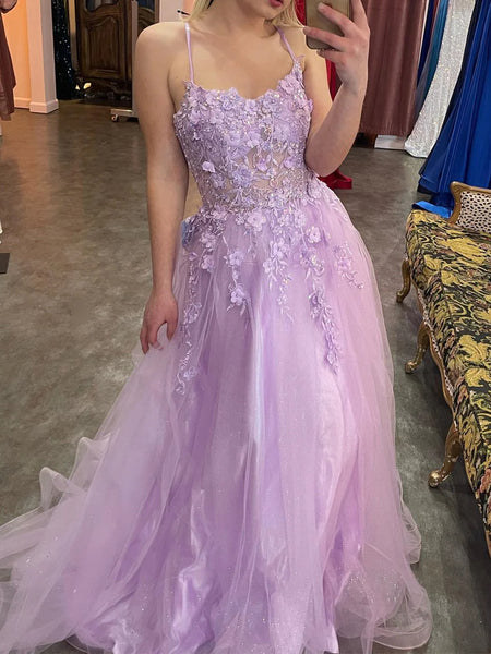 Purple Lilac Appliques Lace Prom Dresses, Purple Lilac Appliques Lace Long Formal Evening Dresses