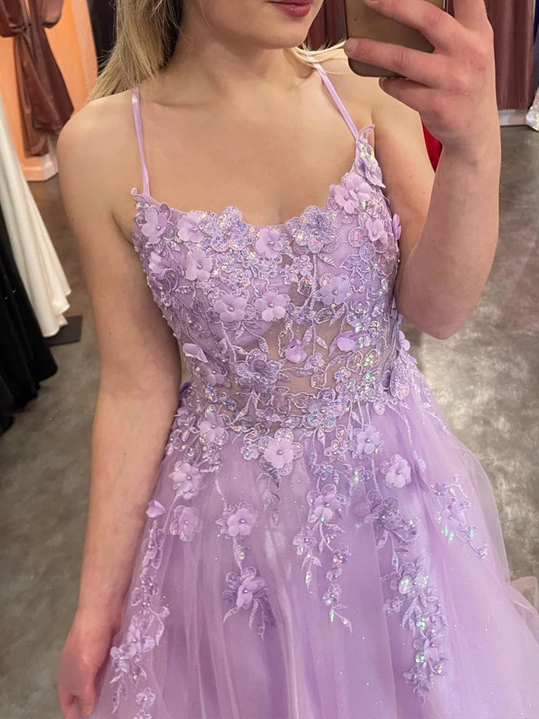 Purple Lilac Appliques Lace Prom Dresses, Purple Lilac Appliques Lace