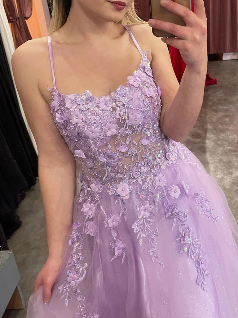 Purple Lilac Appliques Lace Prom Dresses, Purple Lilac Appliques Lace