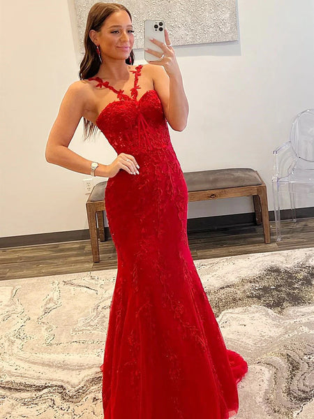 Red Blue Pink Mermaid Lace Prom Dresses, Mermaid Red Blue Pink Lace Formal Evening Dresses