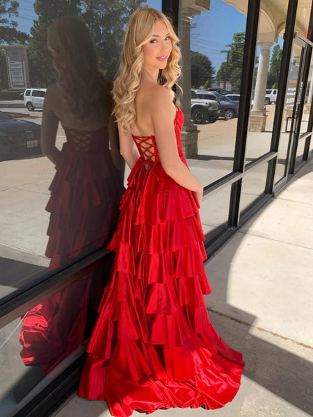 Red Layered Lace Prom Dresses, Red Layered Long Lace Formal Dresses