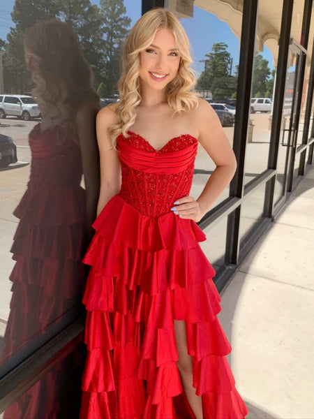 Red Layered Lace Prom Dresses, Red Layered Long Lace Formal Dresses