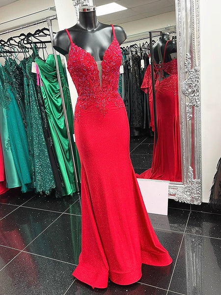 Red Mermaid Lace Prom Dresses, Red Mermaid Lace Formal Evening Dresses