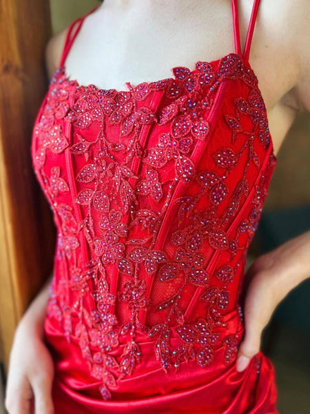 Red Mermaid Lace Prom Dresses, Red Mermaid Lace Formal Evening Dresses