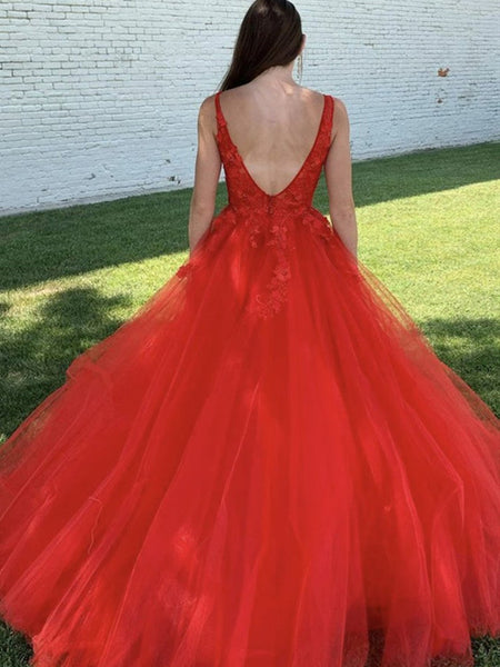 Red V Neck Beaded Lace Prom Dresses, Red V Neck Beaded Lace Formal Evening Dresses