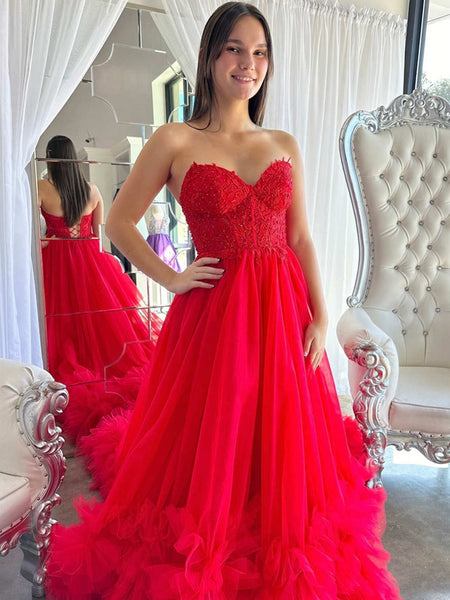Red Yellow White Ruffle Long Lace Prom Dresses, Ruffle Long Lace Formal Evening Dresses