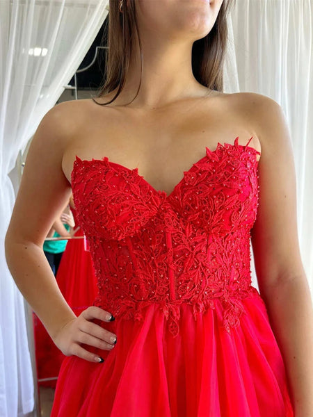 Red Yellow White Ruffle Long Lace Prom Dresses, Ruffle Long Lace Formal Evening Dresses