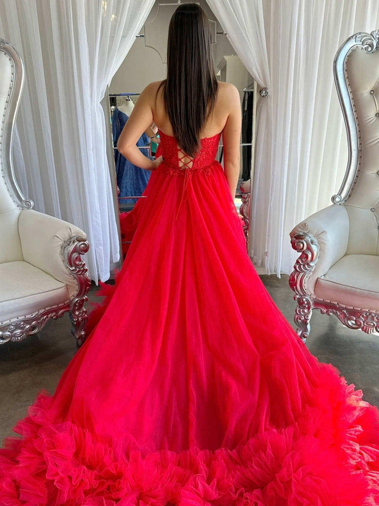red and white lace prom dress Red 3D Flowers Lace & White Tulle Long Prom Dress