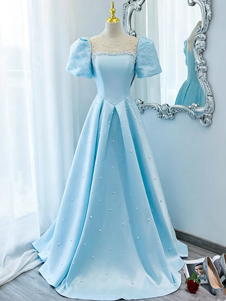 Round Neck Blue Satin Long Prom Dresses, Round Neck Blue Satin Long Formal Dresses
