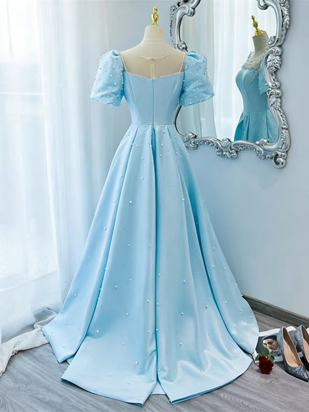 Round Neck Blue Satin Long Prom Dresses, Round Neck Blue Satin Long Formal Dresses