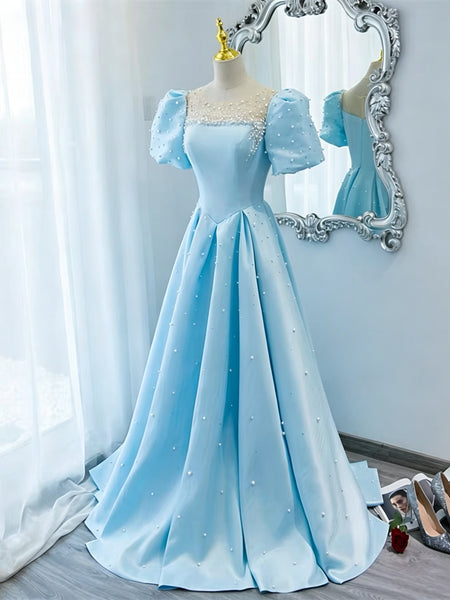 Round Neck Blue Satin Long Prom Dresses, Round Neck Blue Satin Long Formal Dresses